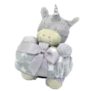 Coffret peluche licorne avec son plaid personnalisable, vendu par rêves de fil.