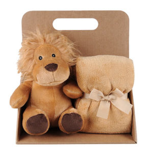 Coffret peluche lion avec son plaid personnalisable, vendu par rêves de fil.