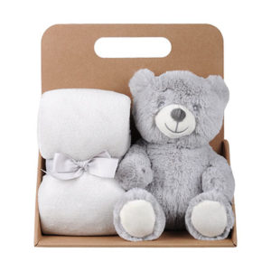 Coffret peluche ourson avec son plaid personnalisable, vendu par rêves de fil.