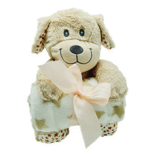 Coffret cadeau peluche chien Ficelle avec son plaid à personnaliser, vendu par rêves de fil.