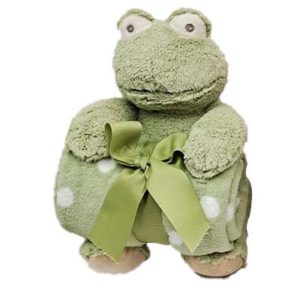 Coffret cadeau peluche grenouille Ethan avec son plaid à personnaliser, vendu par rêves de fil.