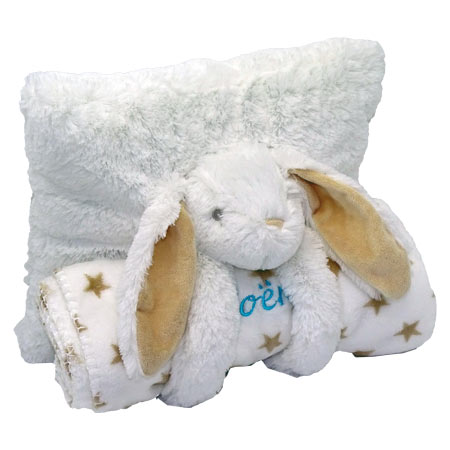 Coussin lapin avec son plaid personnalisable, couleur blanc, vendu par rêves de fil.