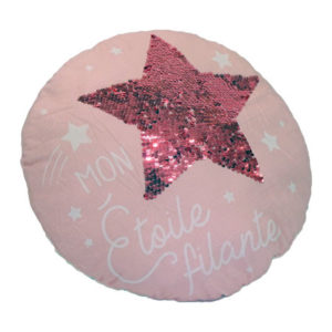 Coussin rond et rose Mon étoile filante à sequins, vendu par rêves de fil.