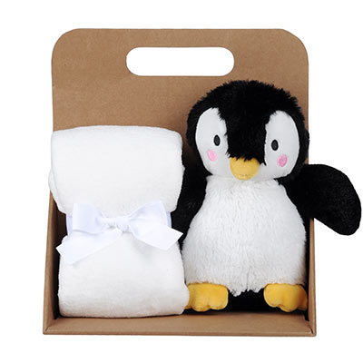 Coffret peluche pingouin avec son plaid personnalisable, vendu par rêves de fil.