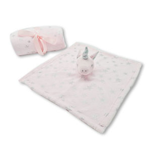 Coffret doudou licorne Louise avec son plaid personnalisable vendu par rêves de fil.