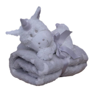 Coffret cadeau peluche Licorne Abby avec son plaid à personnaliser, vendu par rêves de fil.