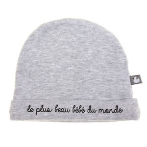 Bonnet naissance pur coton "Le plus beau bébé du monde" couleur gris chiné, vendu par Rêves de fil.