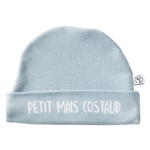 Bonnet naissance pur coton "Petit mais costaud" couleur bleu grisé, vendu par Rêves de fil.