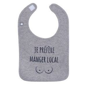 Bavoir à message "je préfère manger local", vendu par Rêves de fil.