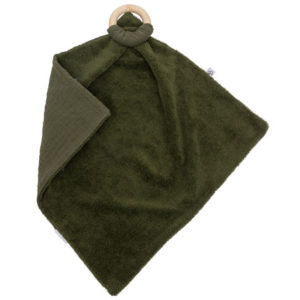 Doudou personnalisable de dentition bi-matière avec anneau de dentition en bois naturel couleur vert fougère, vendu par Rêves de fil.