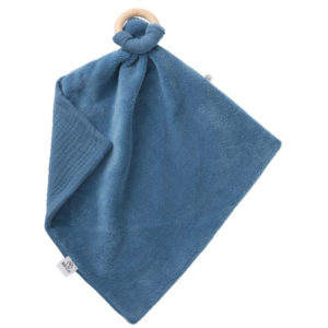 Doudou personnalisable de dentition bi-matière avec anneau de dentition en bois naturel couleur pierre bleue, vendu par Rêves de fil.