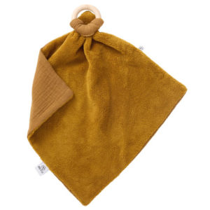 Doudou personnalisable de dentition bi-matière avec anneau de dentition en bois naturel couleur havane, vendu par Rêves de fil.