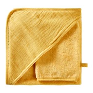 Cape de bain + gant, collection Mix & Match, dimensions 70x70 cm, couleur moutarde. Vendu par Rêves de Fil.