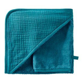 Cape de bain + gant, collection Mix & Match, dimensions 70x70 cm, couleur vert paon. Vendu par Rêves de Fil.