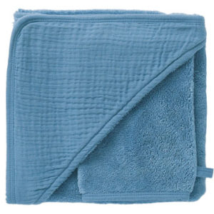 Cape de bain + gant, collection Mix & Match, dimensions 70x70 cm, couleur pierre bleue. Vendu par Rêves de Fil.