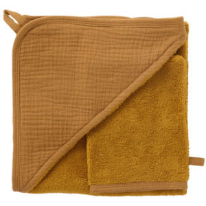 Cape de bain + gant, collection Mix & Match, dimensions 70x70 cm, couleur havane. Vendu par Rêves de Fil.