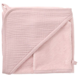 Cape de bain + gant, collection Mix & Match, dimensions 70x70 cm, couleur rose pétale. Vendu par Rêves de Fil.