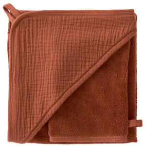 Cape de bain + gant, collection Mix & Match, dimensions 70x70 cm, couleur toffee. Vendu par Rêves de Fil.
