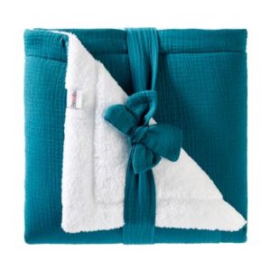 Couverture peluche double gaze et microfibre, collection Mix & Match, couleur vert paon. Vendu par Rêves de Fil.