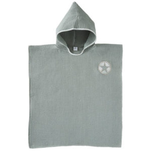 Poncho de bain à capuche en nid d'abeille, couleur vert de gris. Dimensions 60x65 cm environ. Vendu par Rêves de Fil.