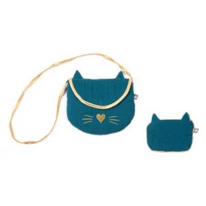 Sac à main bandoulière + porte-monnaie chat en gaze de coton, couleur vert paon et or. Dimensions 19x16cm environ. Vendu par Rêves de Fil.