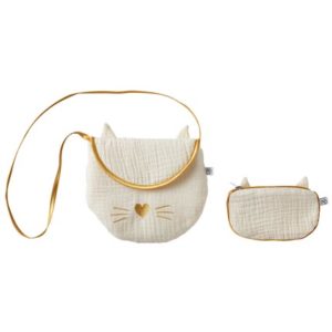 Sac à main bandoulière + porte-monnaie chat en gaze de coton, couleur ivoire et or. Dimensions 19x16cm environ. Vendu par Rêves de Fil.