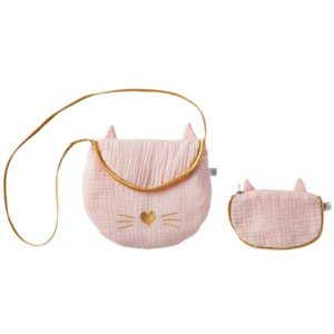 Sac à main bandoulière + porte-monnaie chat en gaze de coton, couleur rose blush et or. Dimensions 19x16cm environ. Vendu par Rêves de Fil.