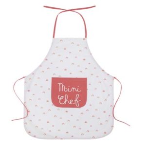 Tablier de cuisine en coton enduit "Mini Chef" imprimé arc-en-ciel. Vendu par Rêves de Fil.