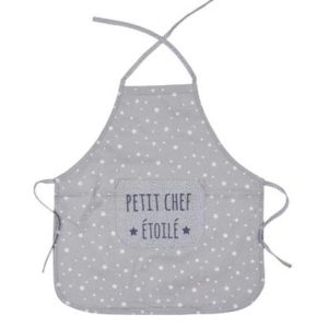 Tablier de cuisine en coton enduit "Petit chef étoilé" couleur gris et blanc. Vendu par Rêves de Fil.