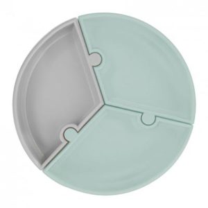 Assiette Puzzle antidérapante, 3 compartiments détachables, couleur tilleul et gris. Vendu par Rêves de Fil.