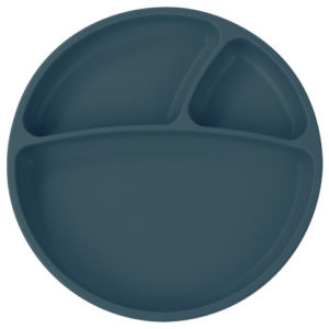 Assiette antidérapante multi-compartiments en silicone, couleur bleu ardoise. Vendu par Rêves de Fil.