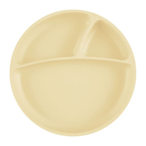 Assiette antidérapante multi-compartiments en silicone, couleur miel. Vendu par Rêves de Fil.