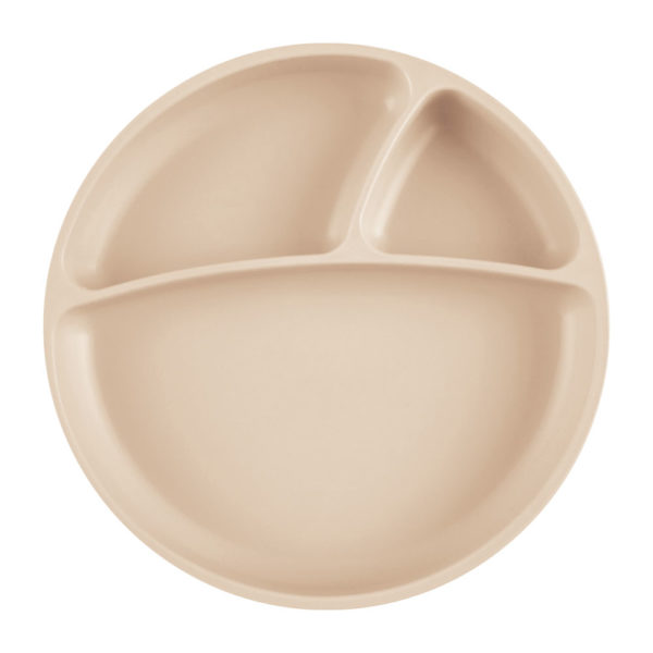 Assiette antidérapante multi-compartiments en silicone, couleur nude. Vendu par Rêves de Fil.