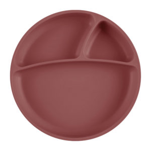 Assiette antidérapante multi-compartiments en silicone, couleur terracotta. Vendu par Rêves de Fil.