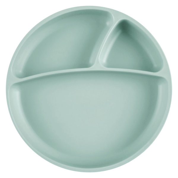 Assiette antidérapante multi-compartiments en silicone, couleur tilleul. Vendu par Rêves de Fil.