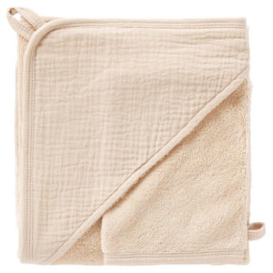 Cape de bain + gant, collection Mix & Match, dimensions 70x70 cm, couleur biscuit. Vendu par Rêves de Fil.