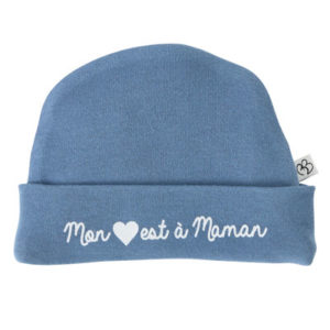 Bonnet naissance pur coton “Mon coeur est à maman” bleue BB&co par rêves de fil