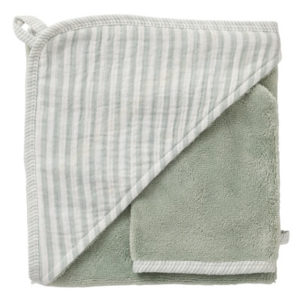 Cape de bain + gant rayé vert de gris – Soft Stripes BB&co par rêves de fil
