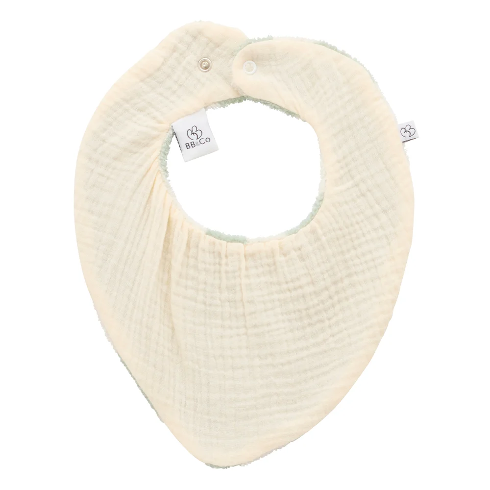 Bavoir-bandana réversible bambou / gaze de coton rayée ivoire/ vert de gris BbandCo