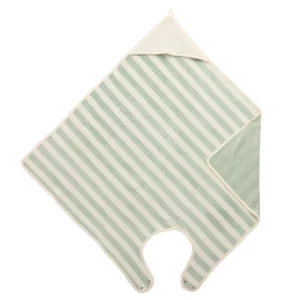 Cape de bain tablier en bambou et gaze rayée ivoire/ vert de gris