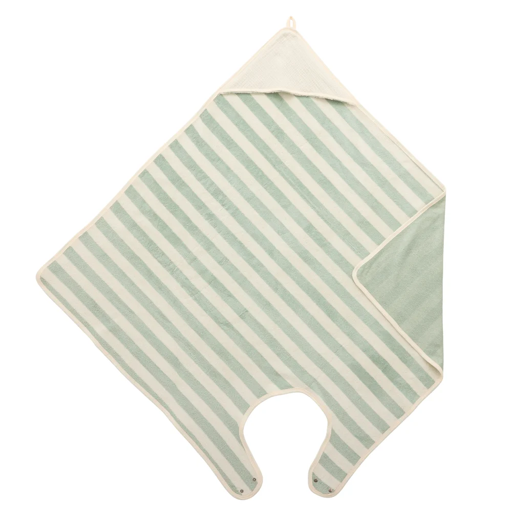 Cape de bain tablier en bambou et gaze rayée ivoire/ vert de gris