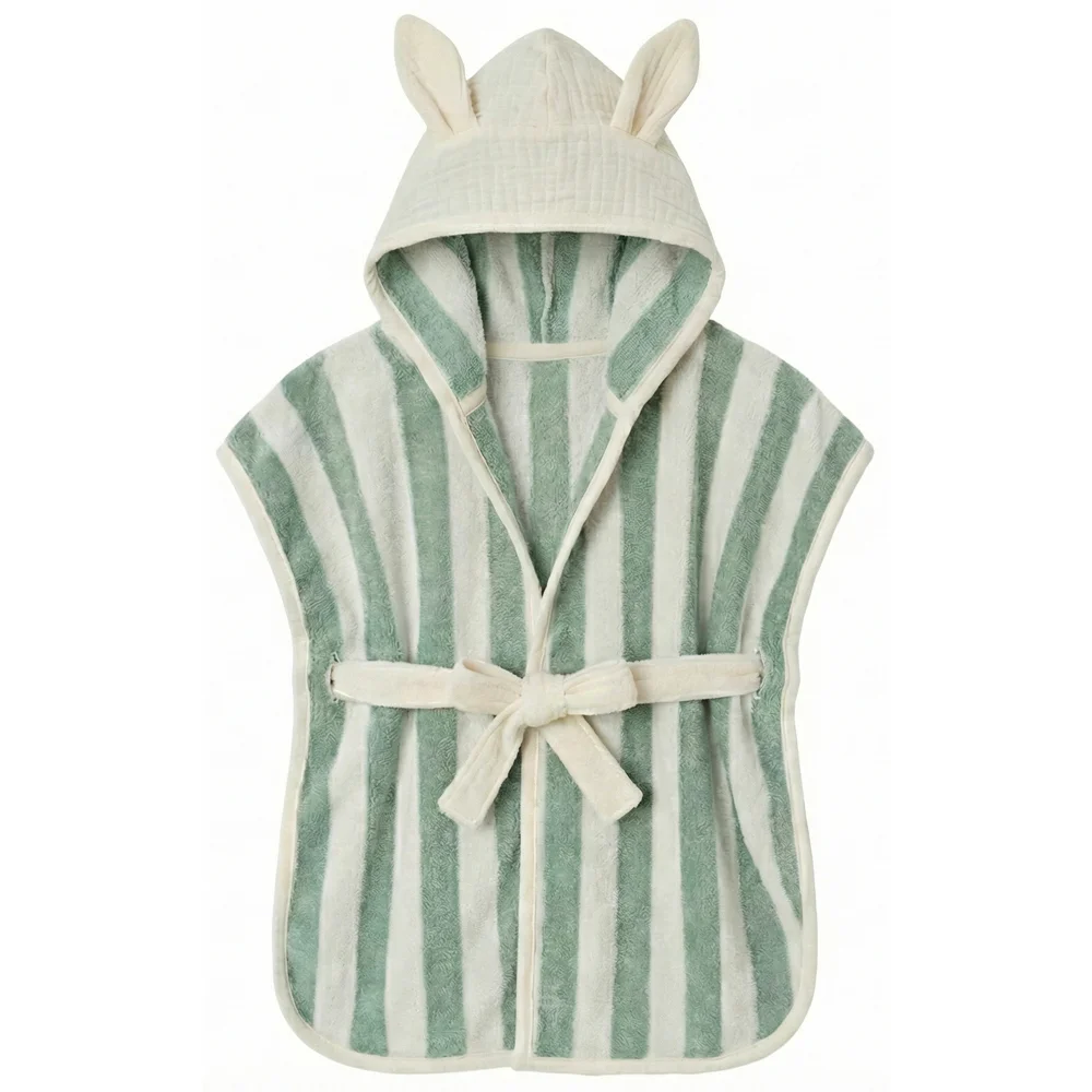 Peignoir bambou et gaze de coton rayée ivoire/ vert de gris de Bb&co par rêves de fil