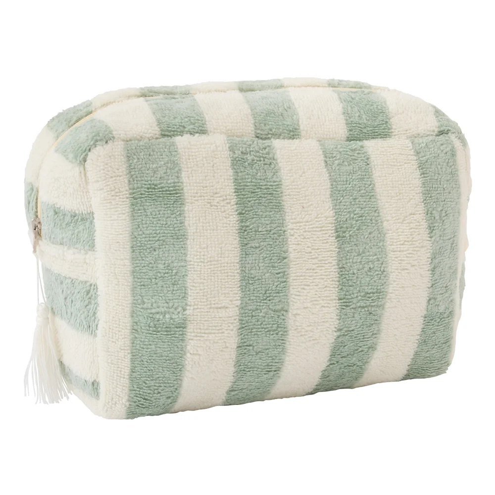 Trousse de toilette en bambou (doublure imperméable) rayée ivoire/ vert de gris de Bébé and co par reves de fil